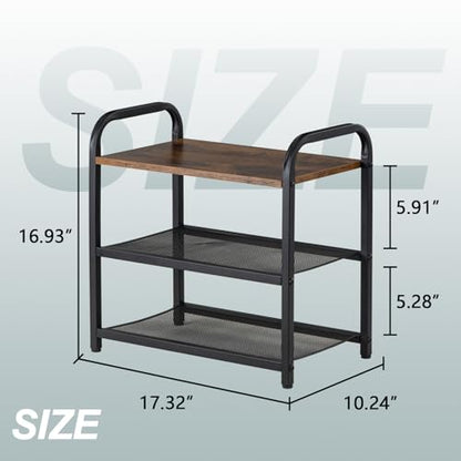 Small Narrow Shoe Rack for Entryway Closet,17.32" X 10.24" X 16.93" | 3-Tier Shoe Storage Organizer Wood, Heavy-Duty Metal Mesh Shelves, Rustic Wooden Top, Front Door Entrance Shoe Shelf 6 Pairs - size: 17.32" X 10.24" X 16.93"