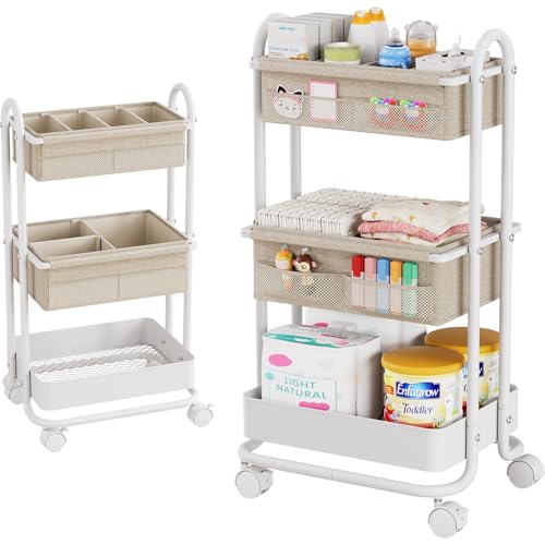 Modanais Baby Diaper Caddy Organizer Cart - 3 Tier Rolling Storage Cart with Wheels, Baby Essentials Nursery Storage, Detachable Dividers - for Crib, Bedroom, Art & Craft Organizer (Off White) - color: Off White