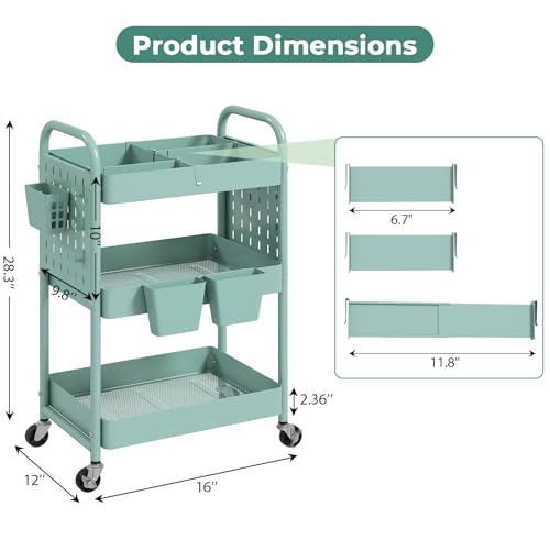 danpinera Rolling Cart, Movable Utility Organizer with Retractable Dividers & Pegboards for Kitchen, Bathroom, Office - color: Green