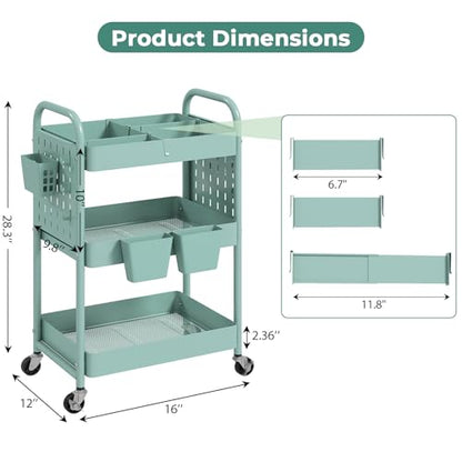 danpinera Rolling Cart, Movable Utility Organizer with Retractable Dividers & Pegboards for Kitchen, Bathroom, Office - color: Green