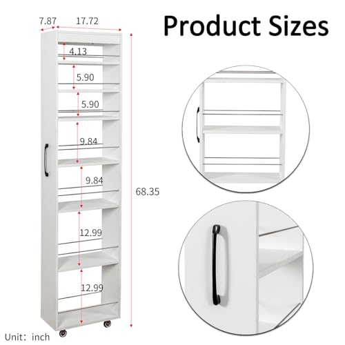 7-Shelf Tall Narrow Storage Cabinet with Wheels, 71 Inch, White | Slim Pull-Out Organizer, 7.87 Inch Wide for Small Spaces Between Washer/Dryer, Kitchen, Bathroom and Laundry Room - color: E-white