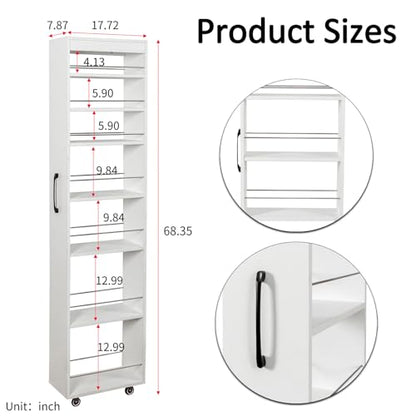 7-Shelf Tall Narrow Storage Cabinet with Wheels, 71 Inch, White | Slim Pull-Out Organizer, 7.87 Inch Wide for Small Spaces Between Washer/Dryer, Kitchen, Bathroom and Laundry Room - color: E-white