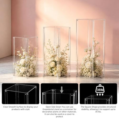 Vincidern 3PCS Acrylic Pedestal Stand for Party, Clear Square Display Plinth Pillar Stand for Wedding Cake Stand, Flower Holder, Sculpture Display, Art Gallery Home Decor (31.5"/27.6"/23.6" H)