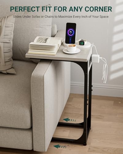 C-Shaped Side Table for Couch - Small Coffee Stand Sofa Tray Desk with Metal Frame Waterproof Scratch Resistant Wood Top and Built-in Charging Station, Greige - color: Greige, size: 1-Pack, style: Includes Power Outlets
