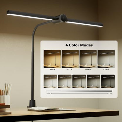 Honeywell HJ4 Desk Lamp with Clamp, Sunturalux™ Desk Lamps for Home Office | Dual-head Black LED clamp desk lamp with flexible gooseneck, stepless dimming, 4 color temps, CRI 94, RG0 eye care. - color: Black