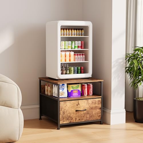 Unionly Mini Fridge Stand with drawer Storage,shelf & Power Outlet | 180lb Mini Fridge Table with Charging Station,Heavy duty small refrigerator shelf,white end table for Living Room,Kitchen - color: Brown