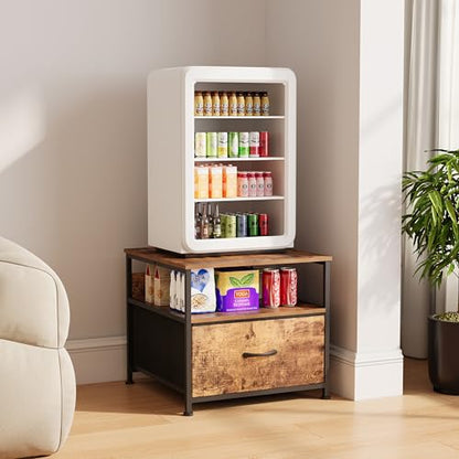 Unionly Mini Fridge Stand with drawer Storage,shelf & Power Outlet | 180lb Mini Fridge Table with Charging Station,Heavy duty small refrigerator shelf,white end table for Living Room,Kitchen - color: Brown
