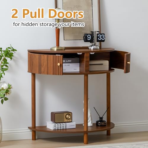 XUZENEST Fluted Half Moon Console Table, Modern Small Entry Sofa Table with Storage, Solid Wood Legs Narrow Entryway Table for Living Room, Hallway, Foyer(Walnut) - color: 31.5 Walnut