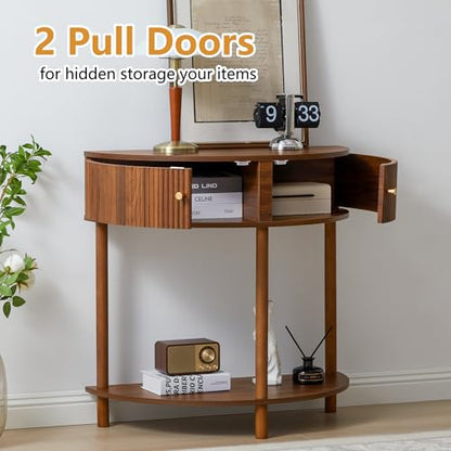 XUZENEST Fluted Half Moon Console Table, Modern Small Entry Sofa Table with Storage, Solid Wood Legs Narrow Entryway Table for Living Room, Hallway, Foyer(Walnut) - color: 31.5 Walnut