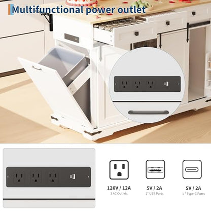 Garvee 54" Kitchen Island with Drop Leaf & Power Outlet | Large Rolling Cart with Trash Cabinet, 2 Sliding Barn Doors, 3 Drawers Mobile Island Table, Spice Rack & Towel Rack, White - color: White & Oak