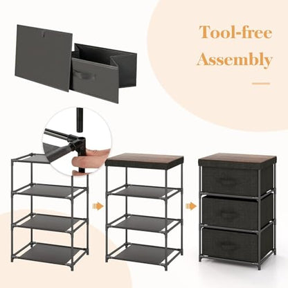 3-Drawer Bedside Table, 24.5" Nightstand with Metal Frame, Wood Top for Closet, Removable Fabric Bins & Handles, Small Dresser with Storage for Bedroom, Living Room & Entryway (2 Piece)