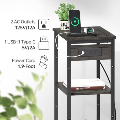 Asgolion Tall End Table with Charging Station, 3 Tier Narrow Beside Table with Adjustable Shelf, Tall Gray Side Table Nightstand for Bedroom, Living Room Coffe Table, Office, Charcoal Grey - color: Charcoal Grey, size: 14.8"D x 11"W x 30"H