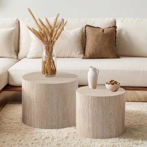 Round Nesting Coffee Table Set of 2 Modern Small Round Coffee Table Travertine Side Table Small End Table Circular Coffee Tables Circle Nested Coffee Tables for Living Room (Travertine) - color: Travertine Regular