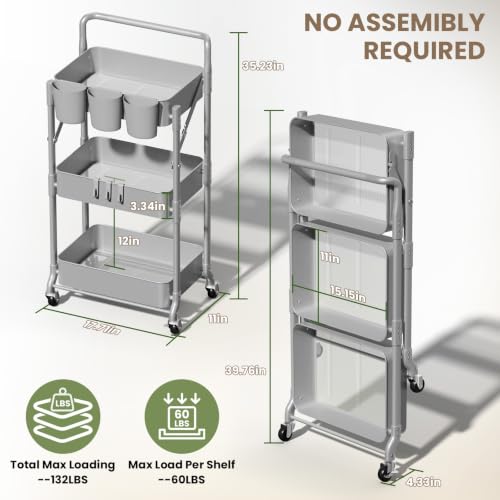 Foldable 3 Tier Metal Utility Rolling Cart, Folding Mobile Multi-Function Storage Trolley Organizer Cart for Home Library Office(Grey) - color: Gray