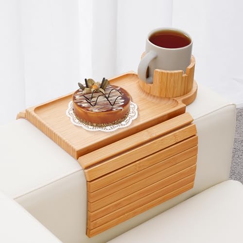 GHKINMAL Couch Cup Holder Tray, 3 in 1 Couch Arm Trays,Large Bamboo Chair Arm Rest Tray with 360° Cup Holder,Removable Anti-Slip Organizer for Snack Eating - color: Bamboo