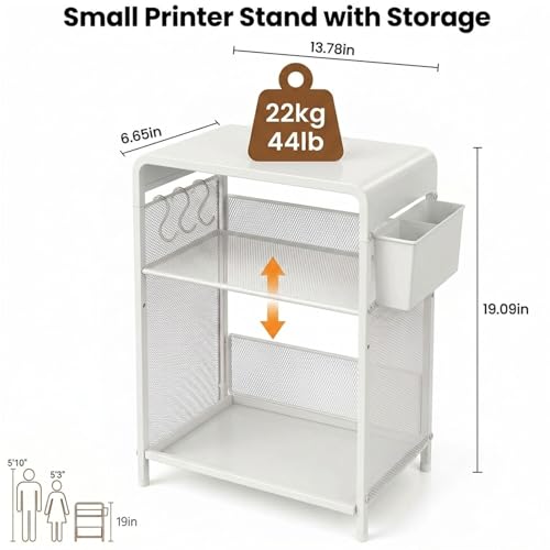 ECOLOVI 3 Tier Printer Stand for Under Desk, Height Adjustable Shelf Small Printer Table with 3 S-Hooks & Basket, Heavy Duty Industrial Storage Shelf for Home Office (White Metal) - color: White