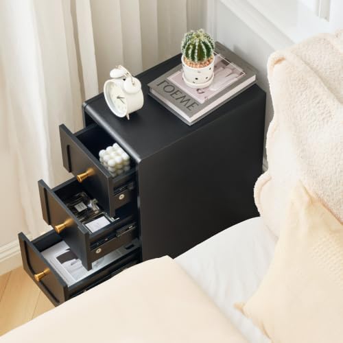 Small Nightstand Set of 2, Narrow Nightstand Slim Couch Side Table with Drawers, Wood End Tables with Storage for Living Room, Bedroom, Small Spaces (3Drawers-Black-2PCS) - color: 3drawers-black-2pcs