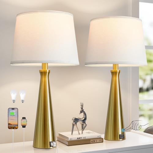 Seealle Modern Table Lamps Set of 2 - Touch Bedside Lamps for Nightstand with Dual USB C+A,3-Way Dimmable Gold Nightstand Lamps for Living Room Bedroom (Bulb Included) - color: G. Gold-White