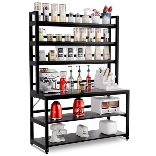 Aquzee Large Bakers Rack for Kitchens, 47in Wide (47.2“W x 15.7”D x 70.8" H) 6 Tiers Kitchen Stand with Hutch & Storage, Black Freestanding Tall Bakers Racks Organizer with Shelves - color: Black
