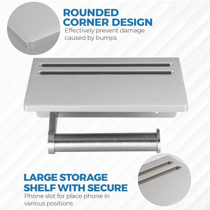 Toilet Paper Holder with Shelf and 2 Towel Hooks - Self Adhesive Toilet Paper Storage - Tissue Roll Holder with Phone Shelf - Wall Mount Toilet Roll Bathroom Organizer - Brushed Nickel - color: Brushed Nickel - 2 Hooks