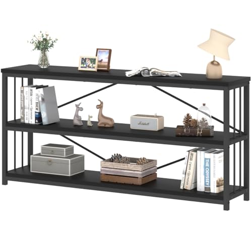 63" Black Low Horizontal Bookcase, Modern Long Wood 3 Tier Book Shelf | Farmhouse Vintage Big Open Sturdy Bookshelf, Simple Large Wide Metal Etagere for Home Living Room Office Bedroom - color: Black Oak, size: 63 Inch