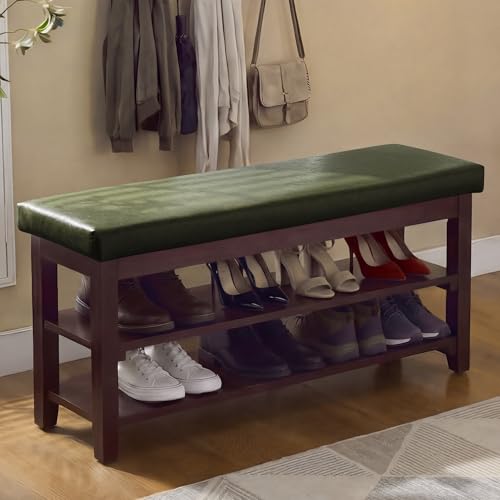 40" Faux Leather Shoe Storage Bench Entryway, Upholstered Bench with Leather Cushion, Solid Wooden 2 Tier Rack Shoe Organizer for Entry Way, Bedroom, Living Room, Green - color: Green