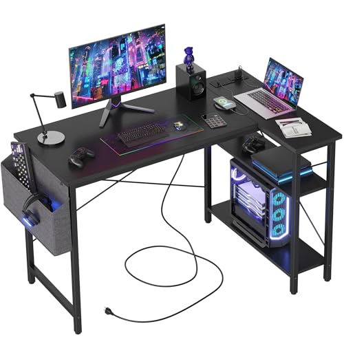 TIQLAB L Shaped Computer Desk with Power Outlets, 47 Inch Small Corner Desk with Reversible Shelves, Gaming Desk Computer Table Study Writing Table for Home Office Bedroom Small Space, Black - color: Black, size: 47 Inch