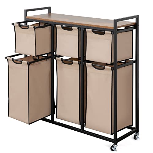 Suntage Laundry Basket Organizer, Hampers for Laundry 6 Compartments, Laundry Hamper with 6 Sliding Laundry Sorter Bags, Top Storage Shelf, and Metal Frame (6 Compartments)