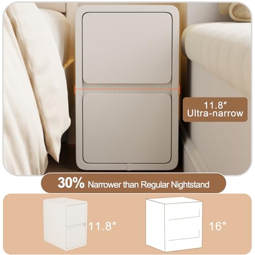 AQIMUELE Narrow Nightstand - Narrow Bedside Table with Drawers, Wood Small Nightstand with Leather Surface for Bedroom, White - 11.8" W - color: White (2 Drawers), size: 11.8"W