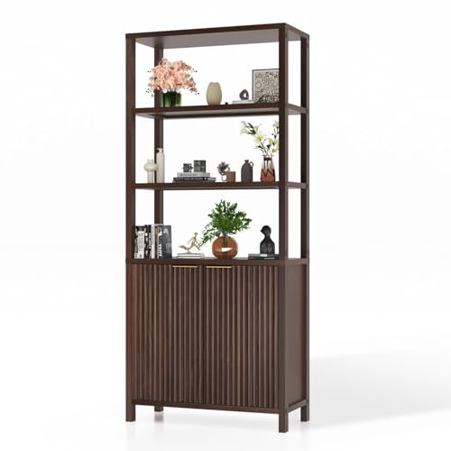 VINGLI Bookcase with Fluted Doors, 71" Wood Storage Cabinet with Adjustable Shelves, 6-Tier Display Cabinet Bookshelf for Study, Living Room, Home Office, Kitchen Pantry, Walnut - color: Dark Walnut