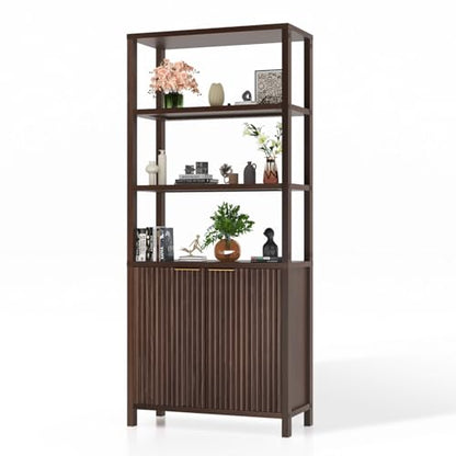 VINGLI Bookcase with Fluted Doors, 71" Wood Storage Cabinet with Adjustable Shelves, 6-Tier Display Cabinet Bookshelf for Study, Living Room, Home Office, Kitchen Pantry, Walnut - color: Dark Walnut