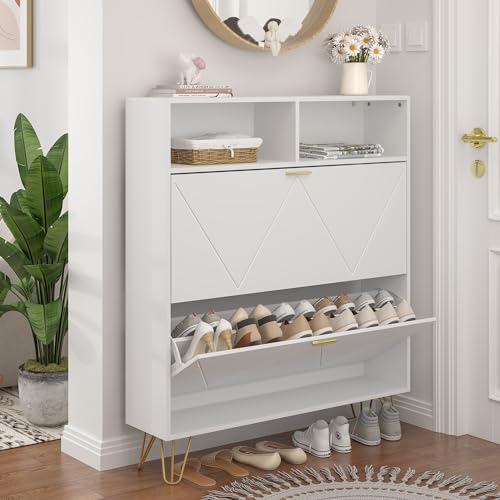 JOZZBY Large Shoe Cabinet for Entryway, 46'' Tall Narrow Shoe Storage Cabinet with 2 Flip Drawers and Open Shelves, White Freestanding Shoe Organizer for Hallway, Living Room - size: Smooth