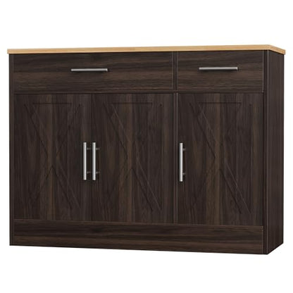 Shintenchi Modern Farmhouse Sideboard Buffet Cabinet,Barn Doors Buffet Cabinet with 2 Drawers & 3 Doors,Wood Coffee Bar Cabinet with Adjustable Shelf for Kitchen Living Room,Brown - color: Brown