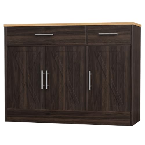 Shintenchi Modern Farmhouse Sideboard Buffet Cabinet,Barn Doors Buffet Cabinet with 2 Drawers & 3 Doors,Wood Coffee Bar Cabinet with Adjustable Shelf for Kitchen Living Room,Brown - color: Brown