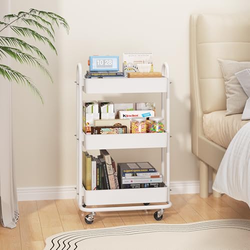 3-Tier Utility Cart with Wheels, Rolling Cart, Storage Shelves, Multi-Functional Organizer Cart for Bathroom, Office, Kitchen, White - size: No hanging baskets