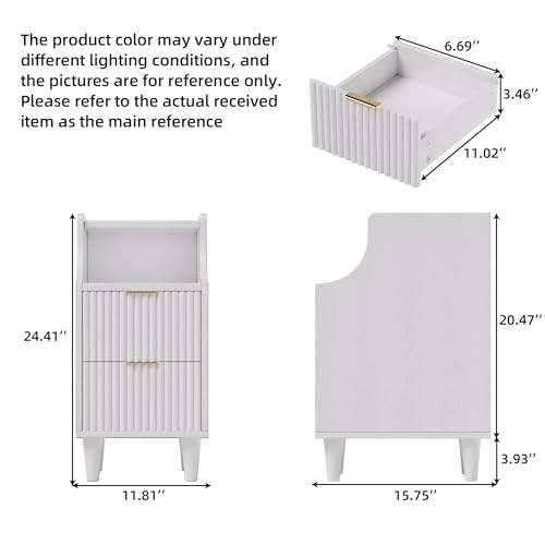Narrow Nightstand Set of 2,11.8" Fluted Bedside Table Set of 2, Slim Side End Table with 2 Drawers, Wooden Bedside Table, White Wood Night Stand for Bedroom Livingroom Sofa Office - color: White,11.8" With 2 Drawers