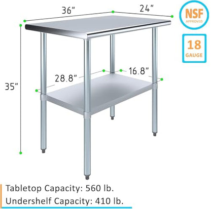 24" x 36" Stainless Steel Prep Table – NSF Certified Heavy Duty Work Table for Home & Commercial Use – Galvanized Undershelf & Legs - size: 36x24