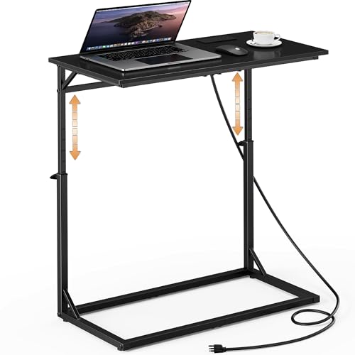 Vagusicc C Shaped End Table with Charging Station, C-Table End Table Adjustable Height Side Table for Couch, Large Couch Tables,Slide Under Sofa Tables TV Tray Arm Tables for Living Room,Bedroom,Black - color: Black, style: With Plug