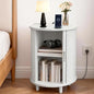 DHH Round End Table with Storage & Charging Station, Fluted Accent Side Table with Sliding Door & Adjustable Shelf, Mid-Century Nightstand for Small Spaces, Living Room, Bedroom(Grayish White) - color: Grayish White