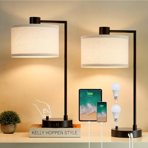 Luvkczc Table Lamp for Bedroom Set of 2 with USB C+A Ports, Fully Stepless Dimmable Bedside Lamp with Linen Lampshade, Contemporary Lamp for Living Room Reading Office, 2 LED Bulbs Included (Black) - color: Black