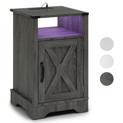 Nightstands Set of 2, Bedside Tables with Charging Station & LED Lights,25 inch Farmhouse Bedside Tables with Storage Cabinet, Open Shelf & Color Changing Lights, Rustic Wooden End Tables, Dark Gray
