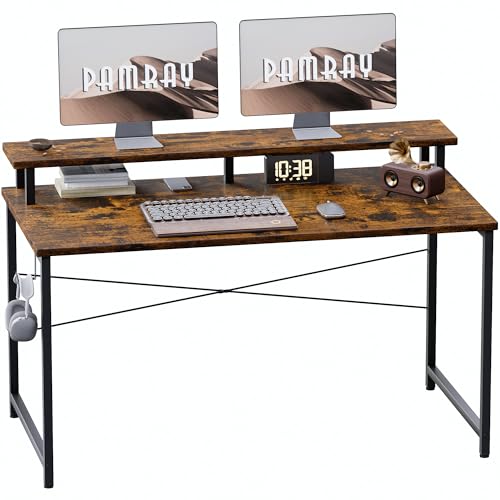 Pamray 47 Inch Small Computer Desk with Monitor Stand, Simple Office Desk with Headphone Hook for Small Spaces, Kids Study Writing Table for Bedroom, Vintage - color: Vintage, size: 47 Inch
