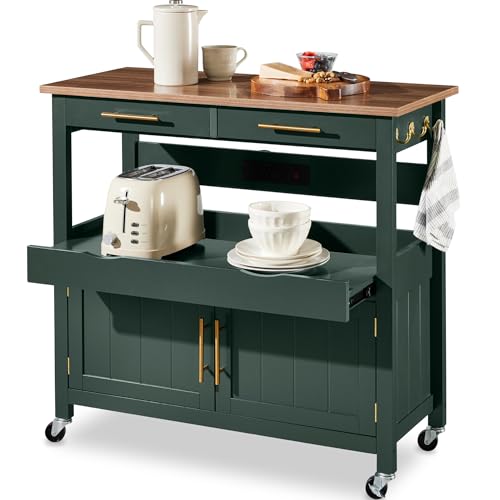 Best Choice Products 36in Large Rolling Kitchen Island Cart, 2-Door Cabinet, 2 Drawers, Pull-Out Shelf, Power Outlet, Hooks, & Swivel Lockable Wheels - Forest Green - style: Forest Green