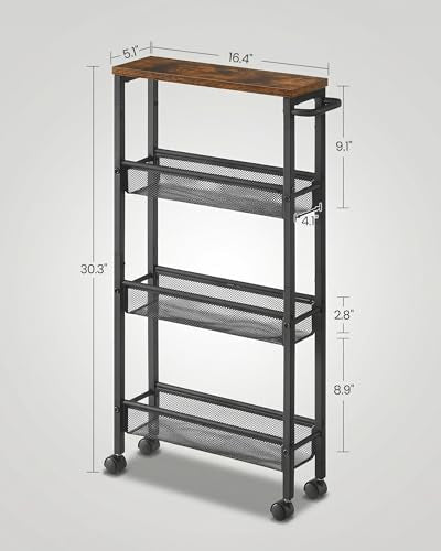 SONGMICS HOME Slim Rolling Cart, 4-Tier Storage Cart with Wheels and Handle, Narrow Utility Cart for Kitchen, Living Room, Brown and Black - style: 4 Tiers