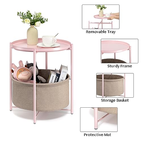 danpinera Pink Round Side Table with Fabric Storage Basket,Small Sofa Table | Metal Modern Nightstand for Small Space, Bedroom, Nursery, Accent Metal Table with Removable Serving Tray, 20.47 in Tall - color: Light Pink