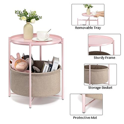 danpinera Pink Round Side Table with Fabric Storage Basket,Small Sofa Table | Metal Modern Nightstand for Small Space, Bedroom, Nursery, Accent Metal Table with Removable Serving Tray, 20.47 in Tall - color: Light Pink
