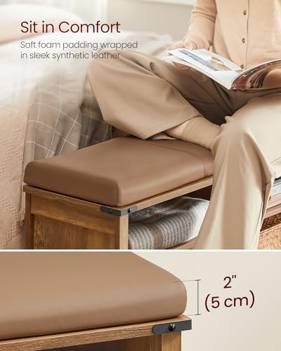 VASAGLE LIRY Collection - Shoe Storage Bench with Removable Cushion, Shoe Rack with Padded Seat, Entryway Bench with 6 Open Compartmens, Adjustable Shelves, Honey Brown ULSB105K01 - color: Honey Brown, size: 12.2"D x 40.2"W x 20"H