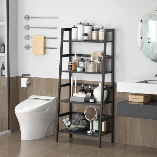 Homykic Bamboo Bookshelf 4-Tier Ladder Shelf, 49.2” Freestanding Open Bookcase Book Shelf Bathroom Storage Shelf Unit Plant Stand for Small Space, Living Room, Bedroom, Home Office, Black - color: Black