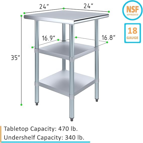 Stainless Steel Work Table with Double Undershelf – Compact Commercial Prep Table for Kitchen, Restaurant, Bakery – NSF Certified (24 x 24) - size: 24x24