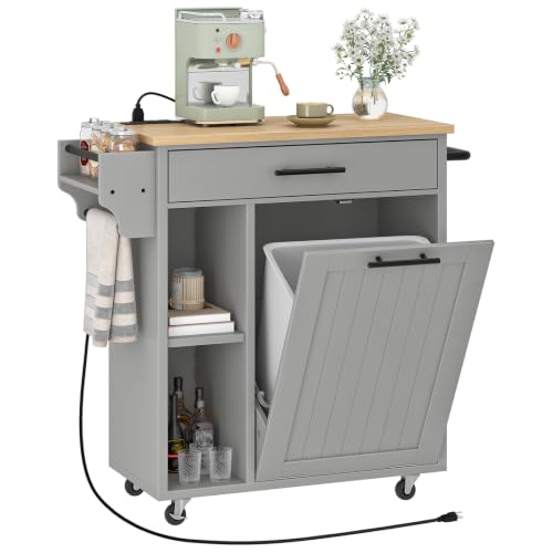 HOOBRO Kitchen Island with Trash Can Storage, Rolling Kitchen Island on Wheels, Mobile Island Cart with Power Outlet, Islands Table for 10 Gallon Garbage Bin, White and Grey GN80UZD01G1 - color: Natural + Grey